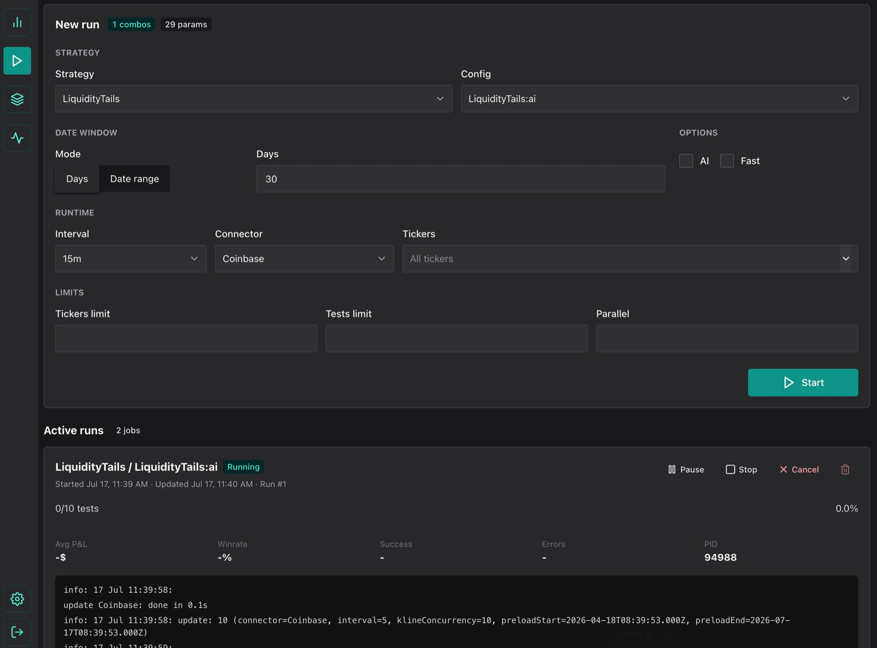 TradeJS backtest runner with strategy, date window, connector and parallel execution settings
